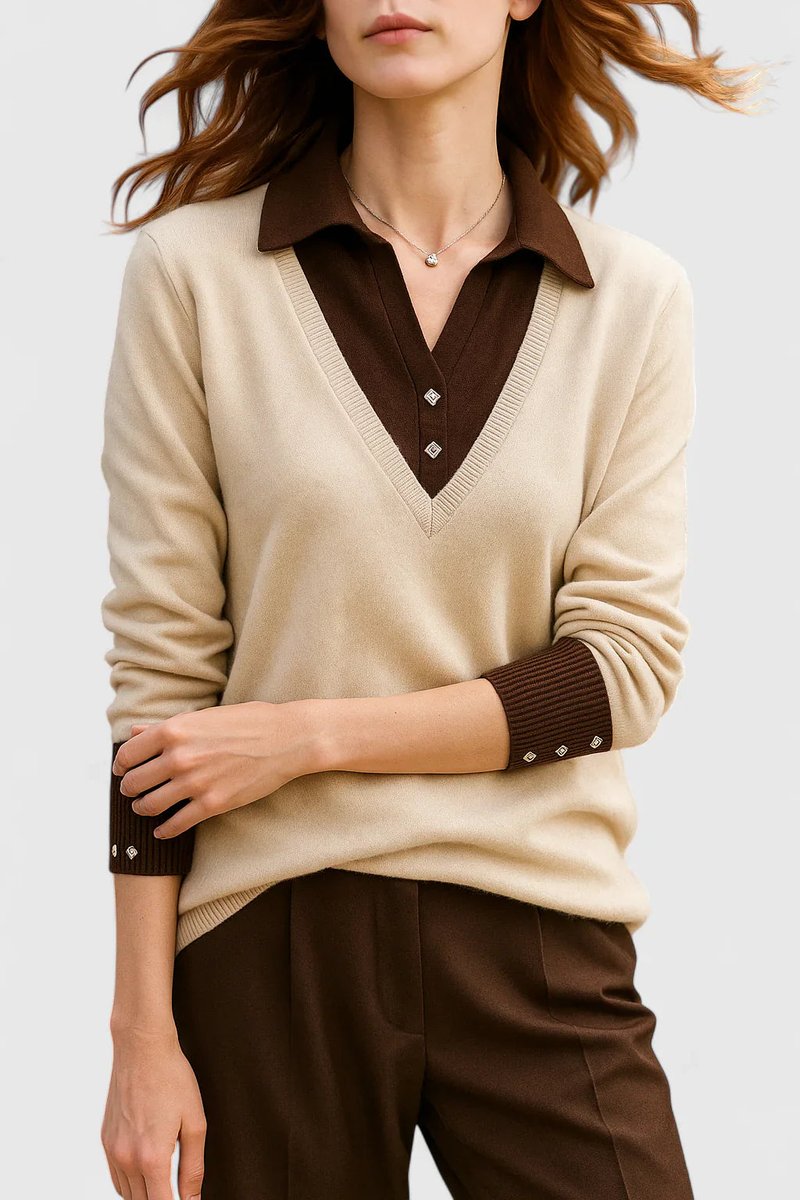 Damen V-Ausschnitt Pullover mit Kragen und Manschettendetails