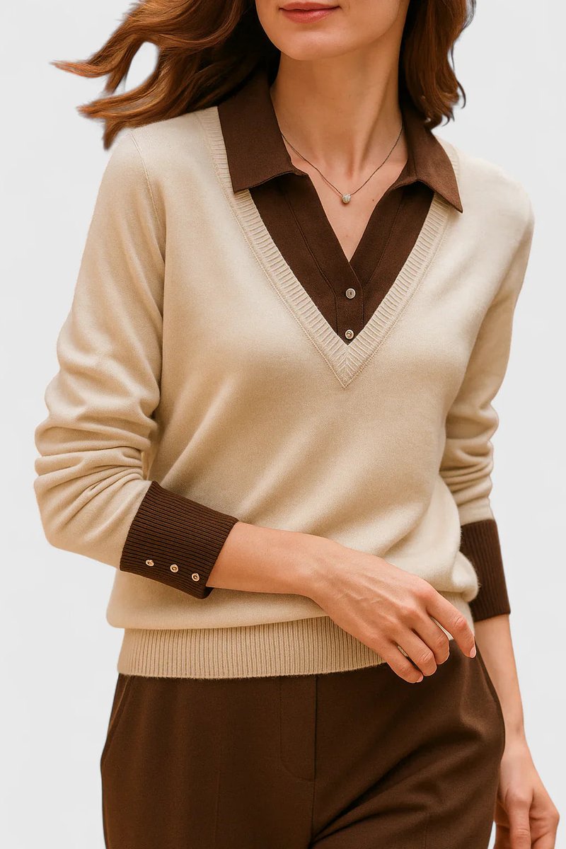 Damen V-Ausschnitt Pullover mit Kragen und Manschettendetails