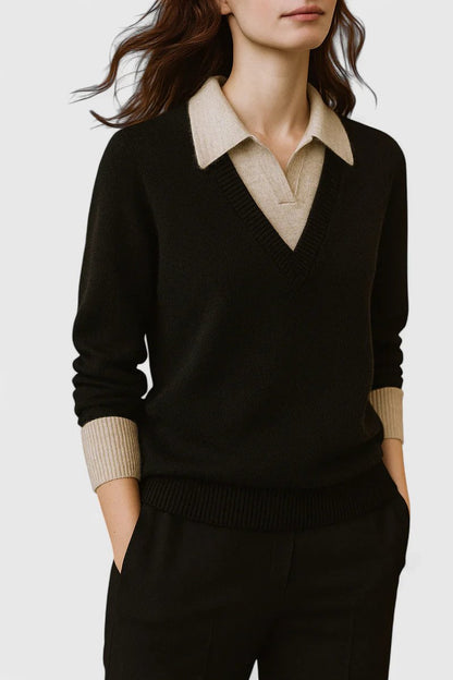 Damen V-Ausschnitt Pullover mit Kragen und Manschettendetails