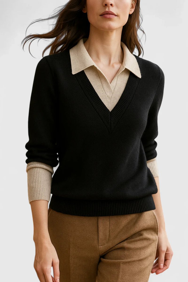 Damen V-Ausschnitt Pullover mit Kragen und Manschettendetails