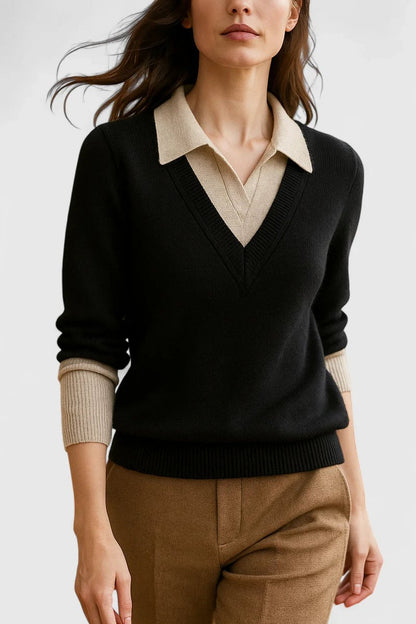 Damen V-Ausschnitt Pullover mit Kragen und Manschettendetails
