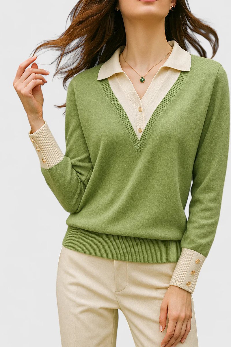 Damen V-Ausschnitt Pullover mit Kragen und Manschettendetails