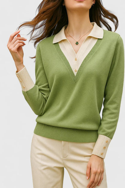 Damen V-Ausschnitt Pullover mit Kragen und Manschettendetails