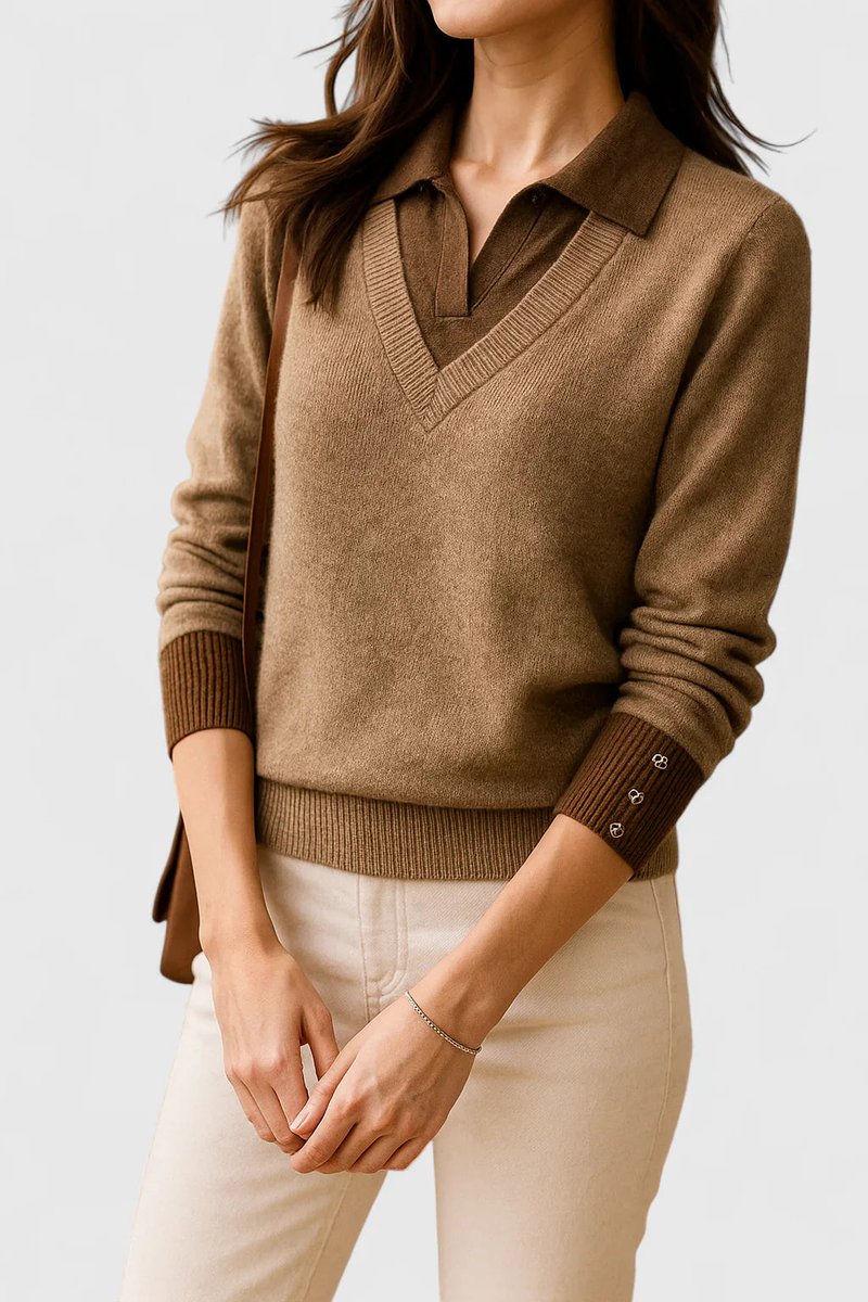 Damen V-Ausschnitt Pullover mit Kragen und Manschettendetails