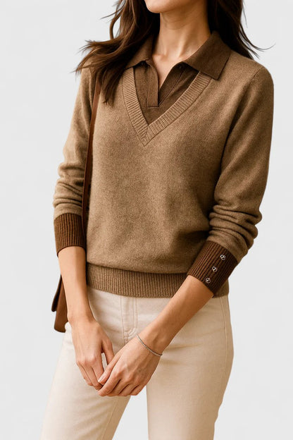 Damen V-Ausschnitt Pullover mit Kragen und Manschettendetails