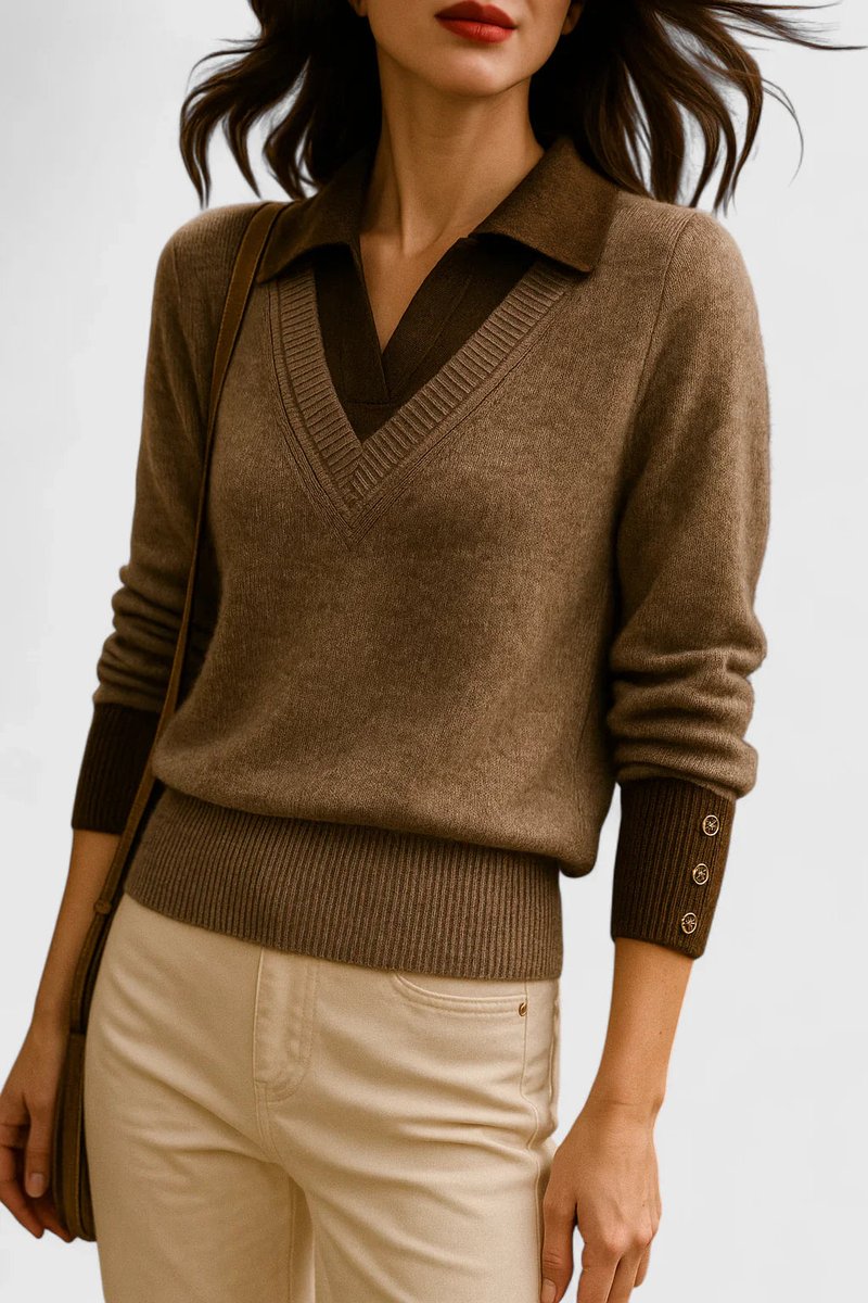 Damen V-Ausschnitt Pullover mit Kragen und Manschettendetails