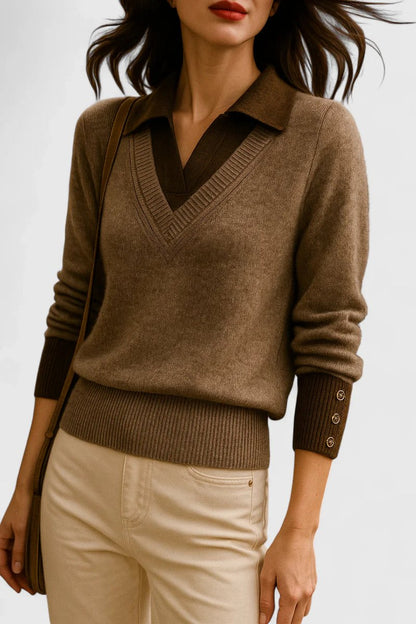 Damen V-Ausschnitt Pullover mit Kragen und Manschettendetails