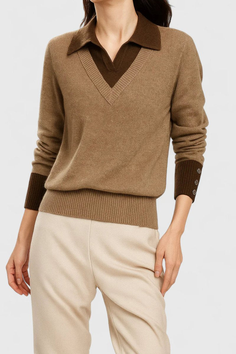 Damen V-Ausschnitt Pullover mit Kragen und Manschettendetails