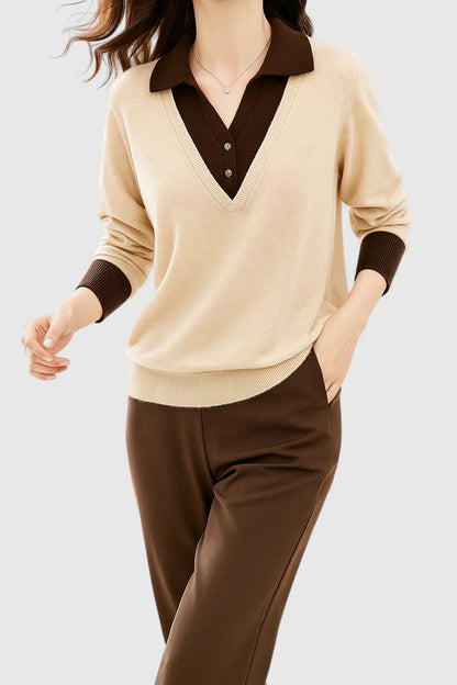 Damen V-Ausschnitt Pullover mit Kragen und Manschettendetails