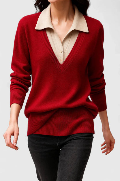 Damen V-Ausschnitt Pullover mit Kragen und Manschettendetails