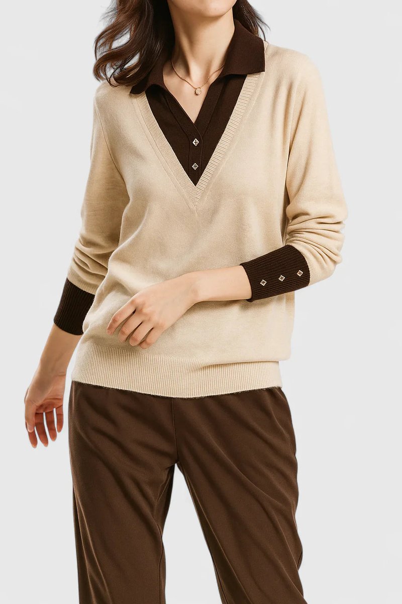 Damen V-Ausschnitt Pullover mit Kragen und Manschettendetails