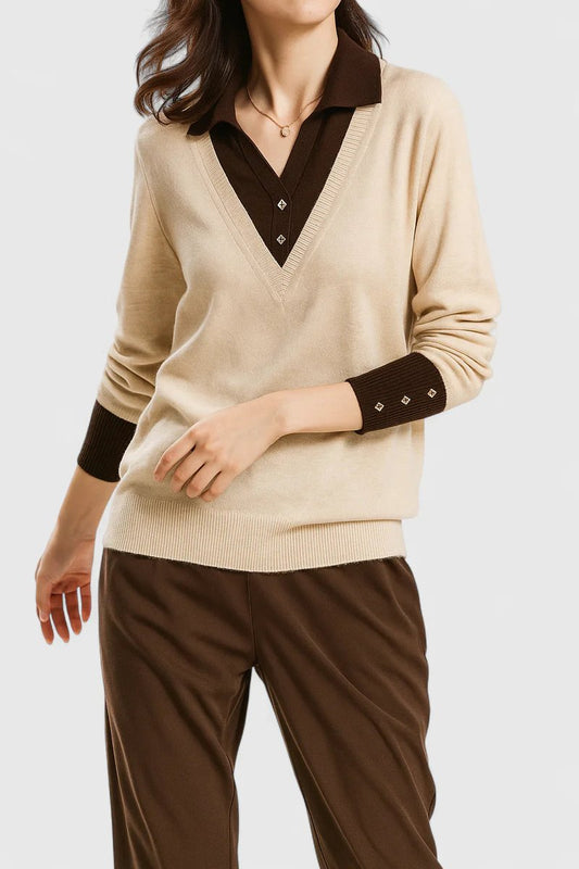 Damen V-Ausschnitt Pullover mit Kragen und Manschettendetails