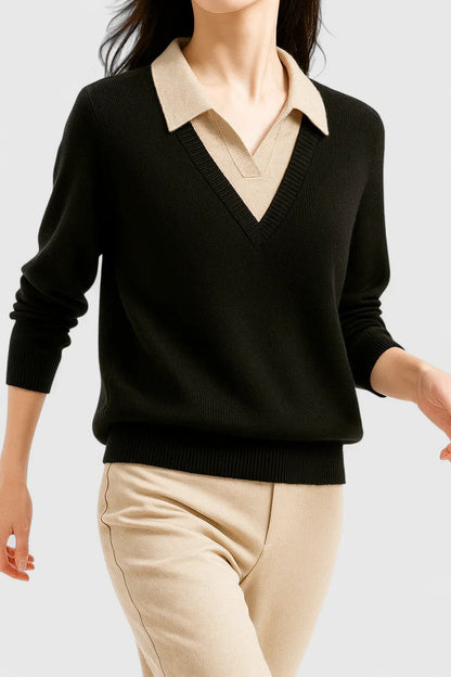 Damen V-Ausschnitt Pullover mit Kragen und Manschettendetails