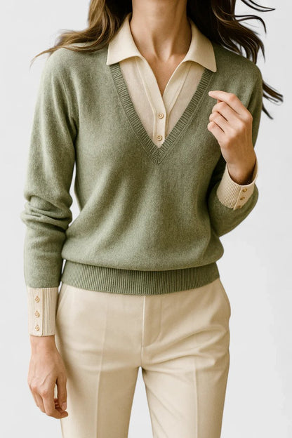 Damen V-Ausschnitt Pullover mit Kragen und Manschettendetails