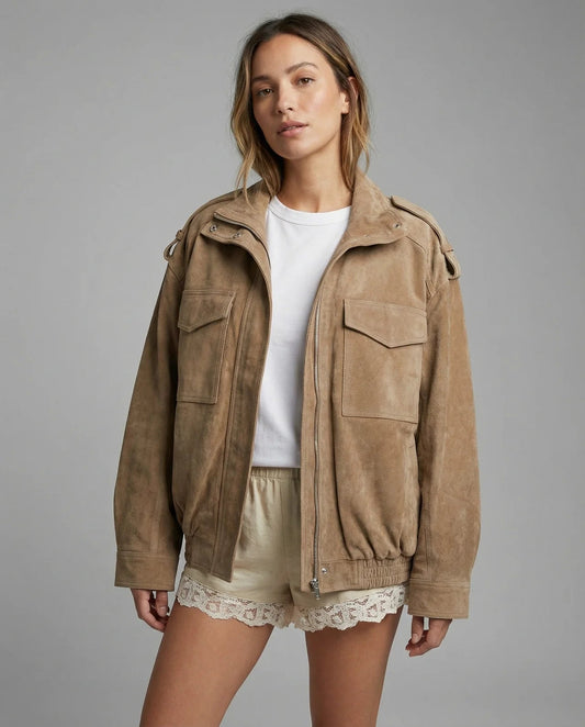 Damen Blouson Jacke aus weichem Material mit Reißverschluss, Beige