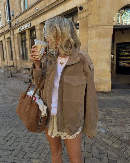 Damen Blouson Jacke aus weichem Material mit Reißverschluss, Beige