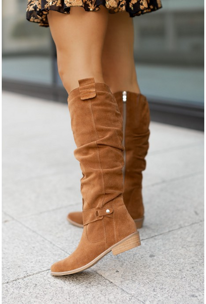 Damen Overknee-Stiefel mit niedrigem Absatz – langschaftiger City-Boot mit Reißverschluss