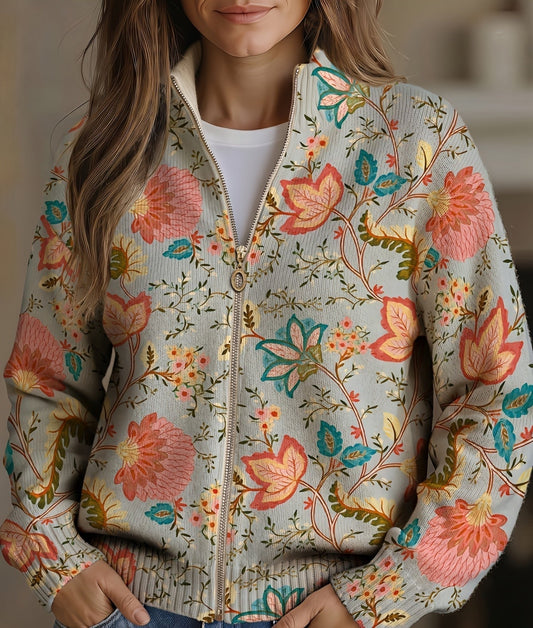 Damen Bomberjacke mit floralem Muster, Reißverschluss & Stehkragen