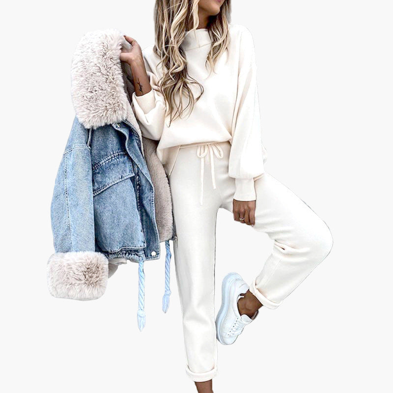 Damen Loungewear Zweiteiler Set mit Stehkragenpullover und High-Waist Hose – Komfortable Freizeitmode