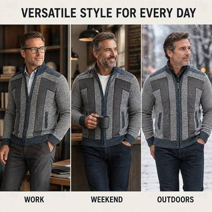 Herren Strickjacke Reißverschluss Stehkragen Patchwork Muster