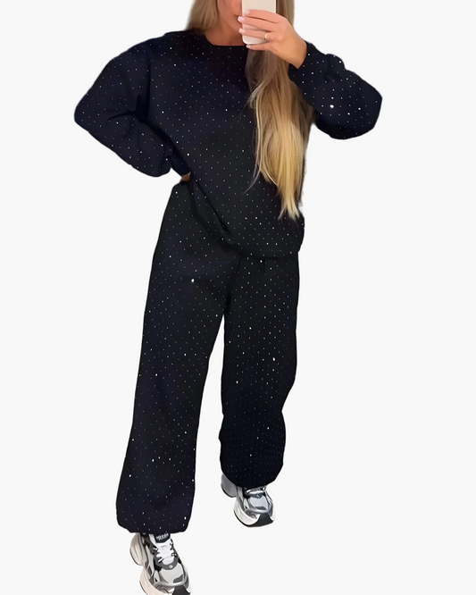 Damen Freizeit Zweiteiler Set mit Strass – Komfortabler Oversize Look für Alltag & Freizeit